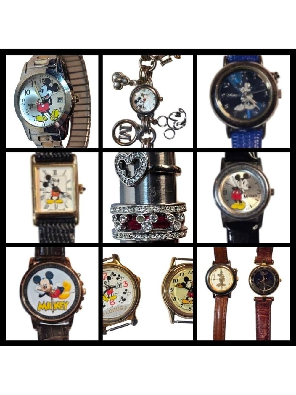Vintage Mickey Mouse Watches 3 Work/5 Need Battery + 2 Rings